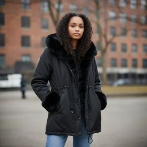 Elegant Black Plush Faux Fur-Trimmed Women's Hooded Puffer Coat Size M